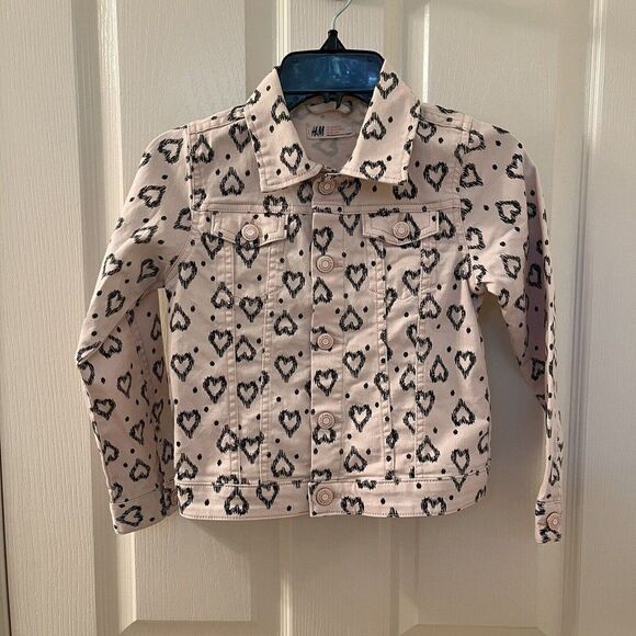 H&M Pink Black Hearts Denim Twill Jacket Snap Buttons Girls Size 7-8 years - Picture 1 of 12